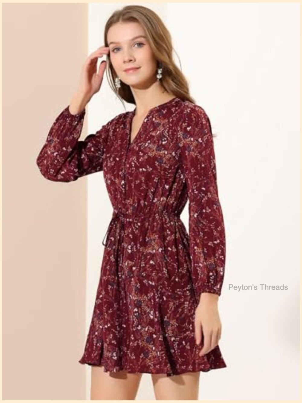 Allegra K Women's Button Front Tie Waist Vintage Long Sleeve Floral Dresses - Picture 3 of 5